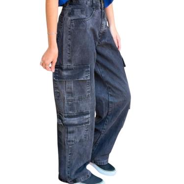 Imagem de Calça Cargo Feminina Wide Leg 4 Bolsos Preto Estonada-Feminino