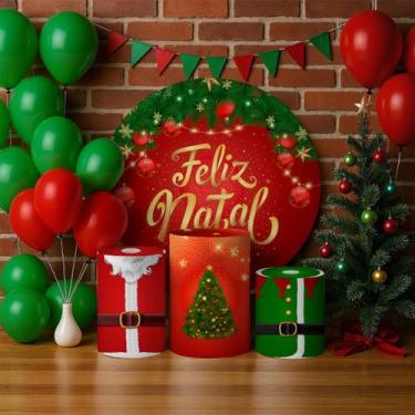 Imagem de Capa Painel Redondo Cilindro Tema Natal Papai Noel - Painel De Festa, 