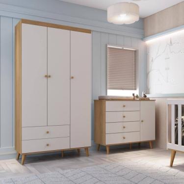 Imagem de Quarto Bebê Retrô Lígia Cômoda Infantil Fraldário Guarda Roupa 3 Portas 100% MDF Off White Carolina Baby