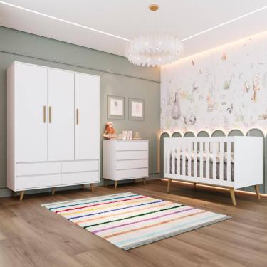 Imagem de Quarto Bebê Completo Retrô Lorena Berço Americano 3 em 1 Ludmila Cômoda 4 Gavetas Guarda Roupa 100% MDF Branco Carolina Baby