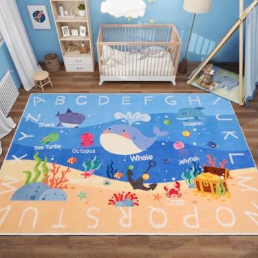 Imagem de AKASISRUG Tapete Infantil ABC, Alfabeto Baleia, Tapete Educativo, Antiderrapante, Lavável, 150 cm x 100 cm, Multicolor