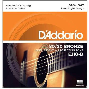 Imagem de Encordoamento D`Addario EJ10-B 80/20 Violão Aço 10-47, Corda Extra
