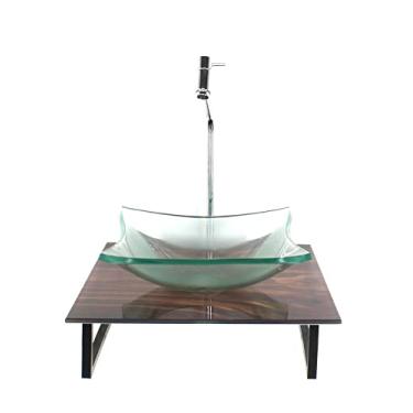 Imagem de KIT CUBA DE VIDRO QUADRADA 10MM INCOLOR COM TAMPO DE VIDRO 40CM X 40CM MADEIRA NOGUEIRA E SUPORTE TORNEIRA VALVULA