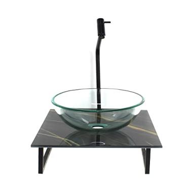 Imagem de KIT CUBA DE VIDRO REDONDA 10MM INCOLOR COM TAMPO DE VIDRO 40CM X 40CM MÁRMORE PRETO DOURADO E SUPORTE PRETO