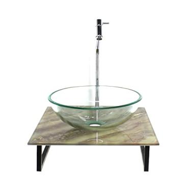 Imagem de KIT CUBA DE VIDRO REDONDA 10MM INCOLOR COM TAMPO DE VIDRO 40CM X 40CM MÁRMORE MARFIM E SUPORTE TORNEIRA VALVULA