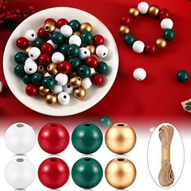 Imagem de 240 peças de contas de Natal 4 contas de madeira coloridas vermelho verde Natal contas brancas douradas grandes contas coloridas espaçadoras miçangas polidas com barbante para fabricação de joias DIY