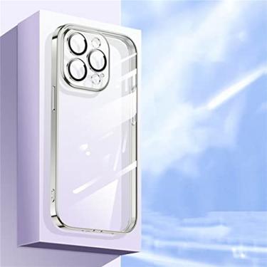 Imagem de MOESOE Compatível com capa para iPhone 14 Pro MAX, capa com revestimento de TPU macio cristal transparente com protetor de câmera bumper anti-riscos à prova de poeira capa protetora à prova de choque para mulheres homens - prata