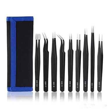 Imagem de Fdrirect Pinça antiestática de aço inoxidável, 9pc/kit Pinça ESD de precisão Ferramenta profissional de manutenção de reparos industriais para eletrônicos, joalheria, laboratório, modelagem