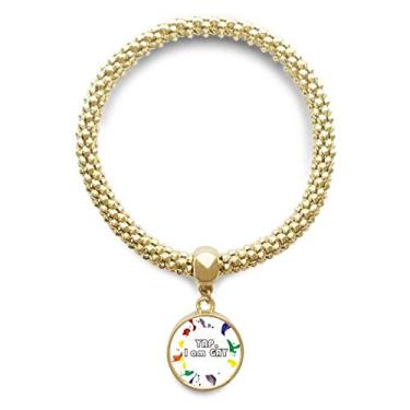 Imagem de DIYthinker Pulseira dourada masculina LGBT com pingente redondo e bandeira de arco-íris Yap I Am