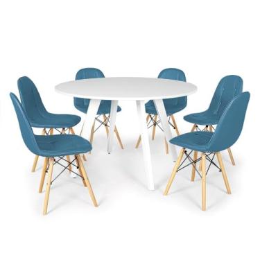 Imagem de Conjunto Mesa de Jantar Redonda Amanda Branca 120cm com 6 Cadeiras Eiffel Botonê - Turquesa