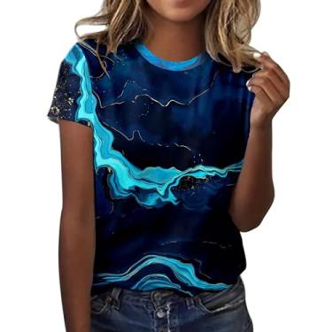 Imagem de Camisetas femininas de manga curta com gola redonda, casual, solta, verão, túnica, tecido leve para sair, Azul escuro, G