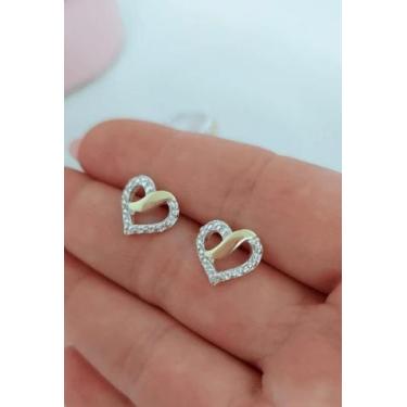 Imagem de Brinco Coração Vazado De Prata 925 Com Aplique De Ouro 14 K E Zircônia
