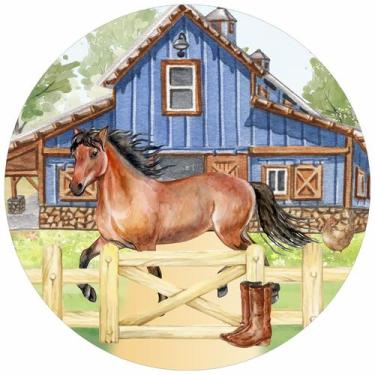 Imagem de Painel de Lona Redondo Cavalo Marrom Celeiro Cerca e Botas Fazenda Aqu