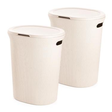 Imagem de Superio Coleção com nervuras – Cesto de lavanderia de plástico decorativo ecológico com tampa e alças recortadas, (pacote com 2) cesta organizadora para quarto, banheiro, dormitório universitário, 40