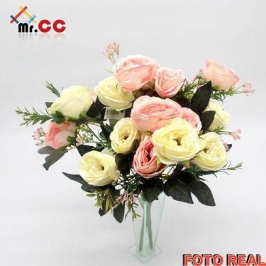 Imagem de Buquê Rosa Envelhecido Galho C/9 Flores Artificial Mesclada - oem