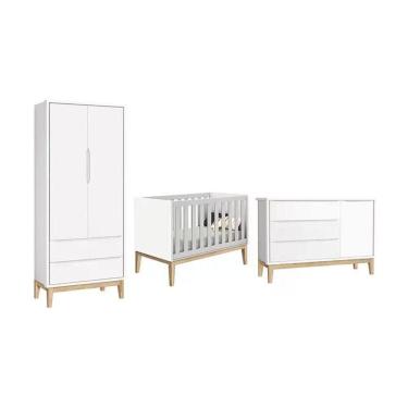 Imagem de Dormitório Classic 2 Portas E Cômoda Com Porta Branco Com Pés Madeira Natural Reller Móveis Branco