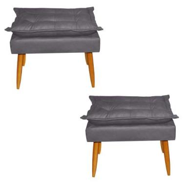 Imagem de Kit 02 Puffs Banqueta Retangular Opala Suede Cinza Pés Madeira Palito 