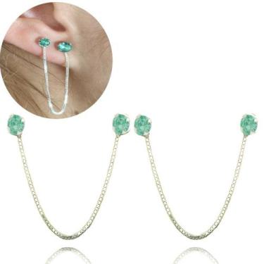 Imagem de Brincos Duplo Conexão Zirconia Corrente Venezina Prata Verde - Lojas L