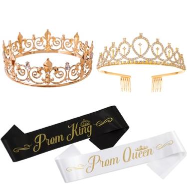 Imagem de AMind4U 2 peças de coroas de rei e rainha de formatura com faixas para homens, mulheres, aniversário, casamento, Halloween, noivo, noiva, princesa, lembrancinhas de festa (ouro), one size, Metal