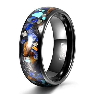 Imagem de TRUMIUM Aliança de casamento masculina de 8 mm anel de tungstênio preto feminino opala galáxia anel natural turquesa e pedras de olho de tigre incrustadas alto polimento cúpula confortável tamanho 7-13, Metal, Opala