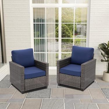 Imagem de RoyalCraft Poltronas de vime ao ar livre, conjunto de móveis de pátio individual para todos os climas, móveis secionais de vime PE, sofá de pátio, vime cinza, almofada azul