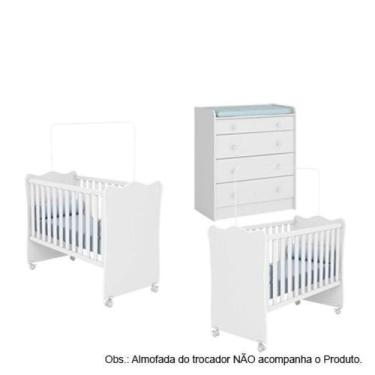 Imagem de Quarto de Bebê Berço Gemeos c/ Rodízios e Cômoda Doce Sonho Branco Qmo