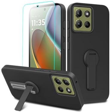 Imagem de Nijiadi Capa protetora de silicone à prova de choque compatível com Motorola Moto G15 com película de vidro temperado, rotação de 360° - preta