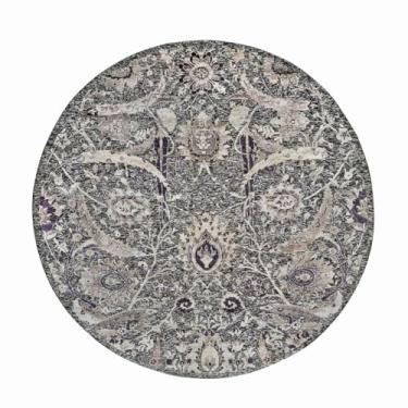 Imagem de Shahbanu Rugs Tapete oriental redondo de lã e seda com nó de folha de foice marrom asfalto (2,5 x 20 cm)