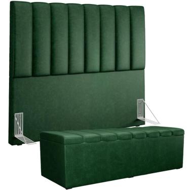 Imagem de Kit Cabeceira Cama Box Casal 140cm Calçadeira Recamier Baú Dália W01 Facto Verde Musgo - Lyam Decor