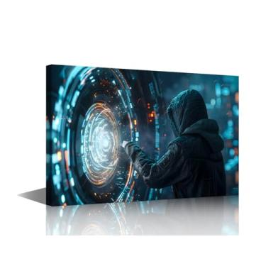 Imagem de 1 Painel de Inteligência Artificial Arte de Parede Hacker Infiltrando Cofre Digital Arte Emoldurada para Banheiro Quarto Sala de Estar Decoração de Casa 91 x 61 cm