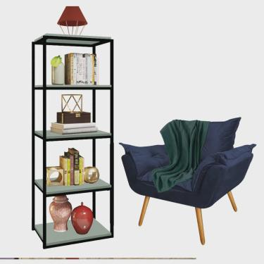 Imagem de Kit Poltrona Fatte com Manta Soft Verde e Estante Livreiro Ferro Preto mdf Verde Oliva Suede Azul Marinho - Ahz Móveis