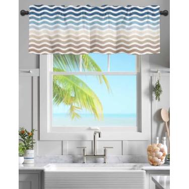 Imagem de Cortina de cozinha sanefa para janelas, arte gradiente cáqui azul abstrato bolso pequeno saia moderna minimalista linha listrada tratamento de janela curta para quarto, banheiro, sala de estar, 137 x