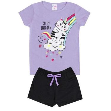 Imagem de Conjunto de Verão Infantil Feminino Blusa Roxa e Shorts Preto Gatinha 