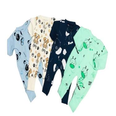 Imagem de Kit Macacão Estampado Malha Suedine 4 Peças Vira Pé Com Zíper - Pequen