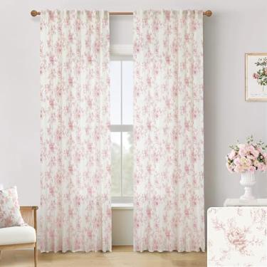 Imagem de Cortinas rosa para quarto de berçário, campestre francês transparente blush floral vitoriano vaso sanitário caprichoso pastel rosa cottagecore elegante cortinas de linho para sala de estar bebê
