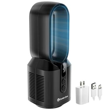 Imagem de Comfort Zone Ventilador de mesa recarregável sem lâminas para quarto e casa, 5 configurações de velocidade, tela de exibição, pés antiderrapantes, ideal para escritório em casa, operação silenciosa,