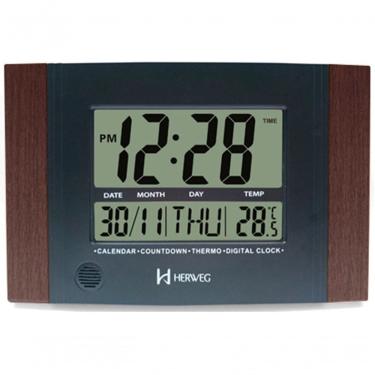 Imagem de Relógio De Parede Ou Mesa Digital Lcd Calendário Termômetro Madeira Escura Herweg 6438 único