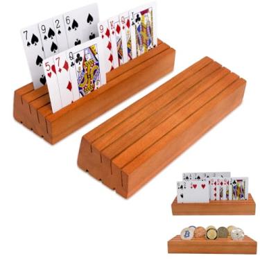 Imagem de Conjunto de 2 suportes de baralho para crianças, idosos, suporte de madeira para organizar cartões em pontes de jogo, baralho de cartas para adultos, mesas de cartas para adultos (laranja atualizado)