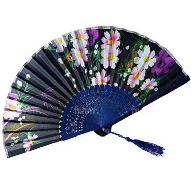 Imagem de Fundo preto com leques de mão com estampa floral da mãe, aparência de seda vintage e designs de renda japonesa com molduras de bambu, ventiladores dobráveis portáteis perfeitos para casamentos, festas