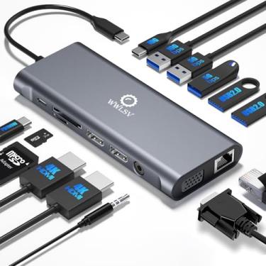 Imagem de Estação de ancoragem para laptop - monitor triplo 14 em 1 com HDMI duplo 4K, VGA, Gigabit Ethernet, 10Gbps USB-C e USB-A, 100W PD, SD/TF, microfone/áudio – Hub USB C para MacBook/Dell/HP/Lenovo