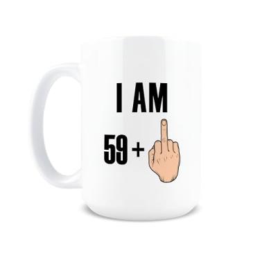 Imagem de Hogg Caneca de dedo médio I am 59 Plus 1, caneca de cerâmica de 425 g, presentes de aniversário de 60 anos para homens, presentes de aniversário de 60 anos para ele
