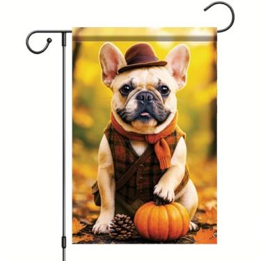 Imagem de Starlit Patio Bandeira de jardim de outono de Ação de Graças bandeira de buldogue francês 30,5 x 45,7 cm, cachorrinho de outono frente e verso, com pinha, abóbora, pinha, faixa de quintal, decoração
