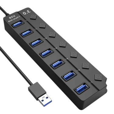 Imagem de Hub USB 3.0 Com 7 Portas, Botões Individuais, LED, Alta Velocidade (5Gbps) Compatível Com PC Notebook TV Console Mouse PenDrive Teclado Impressora Acabamento Premium