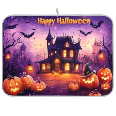 Imagem de Tapete de secagem de louça, abóboras, casa assombrada, para bancada de cozinha, 45,7 x 61 cm, tapetes de microfibra para escorredores de pratos secos, almofada de secagem de pratos, utensílios de mesa