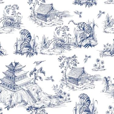 Imagem de LACHEERY Papel de parede tigre azul e branco papel de parede bastão e descascar chinoiserie casa de banho papel de parede autoadesivo removível papel de contato para paredes banheiro quarto armários