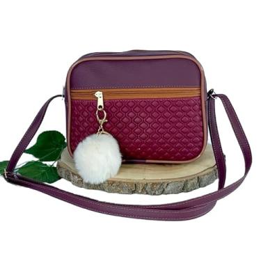 Imagem de Bolsa Feminina Alça Transversal Tira Colo Estampa Moderna Com Pompom(Vinho)