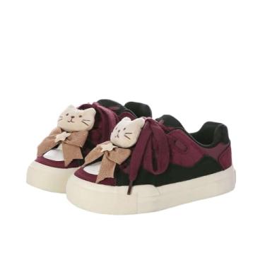 Imagem de Kawaii Y2K Tênis plataforma moderno, design de gato com laço, sapatos casuais de caminhada para mulheres e meninas, Borgonha, preto, 36