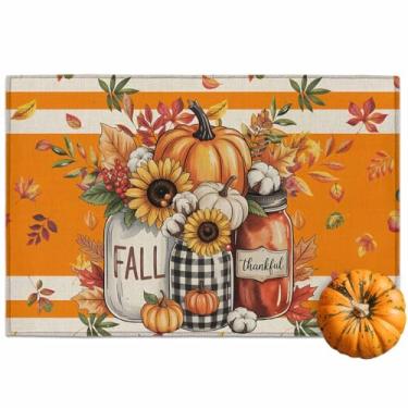 Imagem de Chic D Tapete de porta de outono tapete de entrada interna laranja abóbora tapete de ação de graças tapete de boas-vindas tapete antiderrapante absorvente folha de bordo outono girassol capacho para