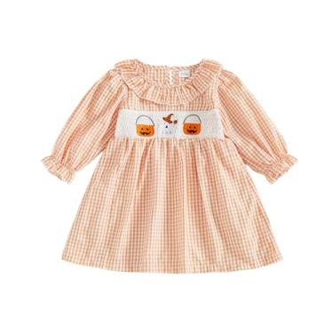 Imagem de Roupa infantil de Halloween para meninas fantasma abóbora vestido xadrez manga comprida vestidos de princesa roupas de outono (laranja fantasma de abóbora, 2-3 anos)