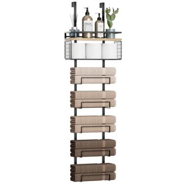 Imagem de Aetyord Toalheiro para banheiro sobre a porta toalheiro organizador de toalhas com prateleira de metal para banheiro trailer trailer (7 camadas preto com prancha de madeira)